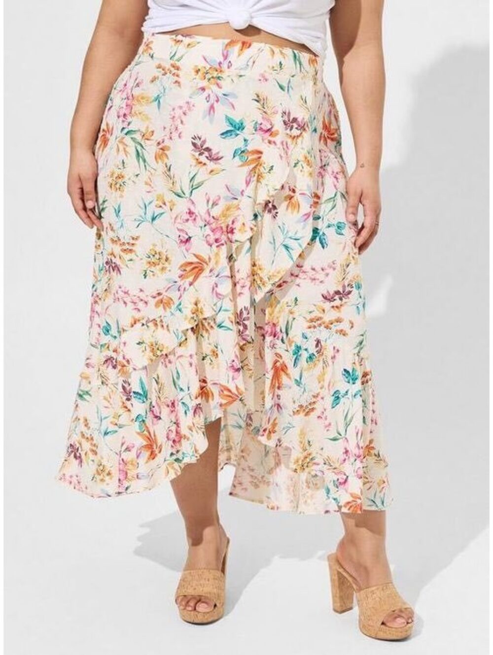 Torrid Floral Swiss Dot Hi-Low Maxi Skirt 4X Boho Ruffle